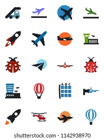 Color and black flat icon set - plane vector, departure, arrival, ladder car, boarding, helicopter, seat map, airport building, lady bug, rocket, paper, air balloon