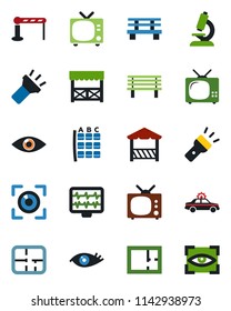 Color and black flat icon set - barrier vector, tv, alarm car, seat map, bench, monitor pulse, microscope, eye, torch, plan, alcove, scan