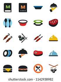 Color and black flat icon set - spoon and fork vector, dish, menu, plates, waiter, steak, kebab, hamburger, bowl, sushi
