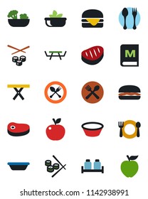 Color and black flat icon set - spoon and fork vector, picnic table, cafe, menu, salad, salt pepper, steak, hamburger, bowl, sushi, apple fruit