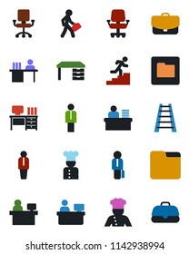 Color and black flat icon set - manager vector, desk, place, ladder, folder, career, cook, office chair, case