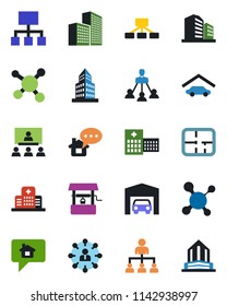 Color and black flat icon set - hierarchy vector, well, molecule, hospital, office building, garage, plan, home message