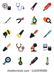 Color and black flat icon set - trowel vector, pruner, saw, stethoscope, blood pressure, thermometer, heart diagnostic, microscope, scalpel, microphone