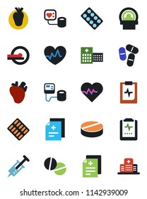 Color and black flat icon set - heart pulse vector, diagnosis, syringe, blood pressure, pills, blister, tomography, real, clipboard, hospital