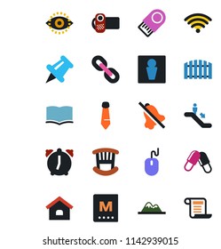 Color and black flat icon set - escalator vector, male, book, mouse, tie, pills, video camera, chain, paper pin, alarm, mute, eye id, house, mountains, fence, children room, wireless, menu, contract