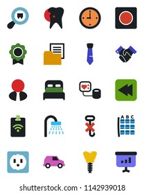 Color and black flat icon set - shower vector, seat map, blood pressure, caries, implant, folder document, no hook, search cargo, rewind, record, sertificate, clock, tie, handshake, estate agent