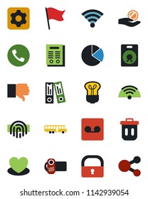 Color and black flat icon set - airport bus vector, phone, office binder, heart, video camera, speaker, finger down, settings, record, wireless, lock, fingerprint id, pie graph, contract, bulb, flag