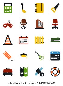 Color and black flat icon set - border cone vector, office building, chair, book, graduate, notepad, fence, rake, saw, satellite, gamepad, calendar, case, pencil, stapler, ladle, calculator