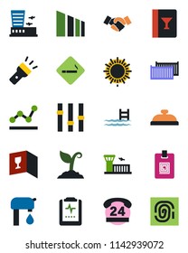 Color and black flat icon set - smoking place vector, sun, airport building, handshake, sproute, pulse clipboard, 24 hours, cargo container, sorting, settings, torch, identity card, point graph