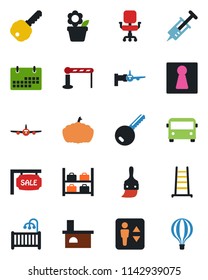 Color and black flat icon set - airport bus vector, barrier, elevator, female, plane, boarding, luggage storage, flower in pot, ladder, pumpkin, fireplace, syringe, themes, calendar, office chair