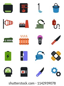 Color and black flat icon set - coffee machine vector, wind, bucket, hose, garden knife, dropper, patch, tomography, remote control, hdmi, stapler, heater, fridge, factory, ladle, water, battery