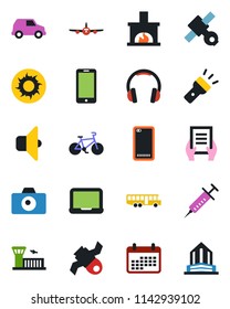 Color and black flat icon set - airport bus vector, camera, plane, building, mobile phone, notebook pc, document, sun, syringe, bike, satellite, headphones, back, torch, fireplace, sound, calendar