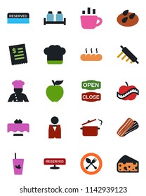 Color and black flat icon set - spoon and fork vector, coffee, seeds, diet, waiter, cook, restaurant table, hat, reserved, phyto bar, bacon, salt pepper, bread, open close, receipt, rolling pin