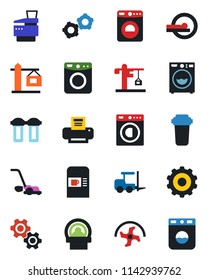 Color and black flat icon set - coffee machine vector, washer, fork loader, gear, ripper, lawn mower, tomography, printer, copier, crane, water filter