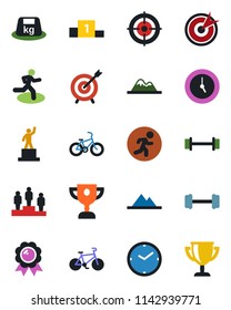 Color and black flat icon set - pedestal vector, medal, barbell, bike, run, heavy, clock, target, mountains, award cup