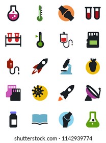 Color and black flat icon set - satellite antenna vector, book, blood test vial, dropper, microscope, ampoule, real heart, joint, virus, sd, thermometer, rocket, flask