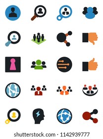 Color and black flat icon set - female vector, team, brainstorm, network, share, group, finger up, down, user, company, client search, consumer, social media