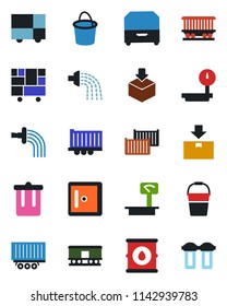 Color and black flat icon set - trash bin vector, checkroom, bucket, watering, railroad, truck trailer, cargo container, consolidated, package, oil barrel, heavy scales, archive box, water filter