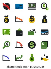 Color and black flat icon set - credit card vector, safe, dollar sign, money bag, crisis graph, cash, receipt, wallet, growth, search, investment