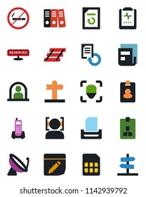 Color and black flat icon set - satellite antenna vector, no smoking, reception, identity card, document reload, pulse clipboard, signpost, office phone, sim, notes, face id, news, paper binder