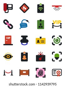 Color and black flat icon set - fence vector, bomb in case, identity, card, hose, flammable, chain, face id, eye, stamp, vip zone, fingerprint, intercome, pass, sprinkler, certificate