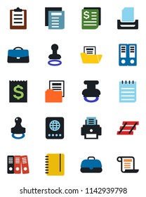 Color and black flat icon set - passport vector, stamp, office binder, notepad, document, receipt, clipboard, case, folder, paper, printer, tray, contract