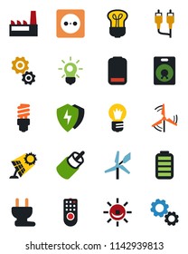 Color and black flat icon set - bulb vector, speaker, battery, low, rca, protect, windmill, factory, socket, power plug, remote control, energy saving, sun panel, alarm led, gear