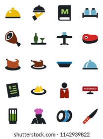 Color and black flat icon set - waiter vector, cook, dish, alcohol, restaurant table, serviette, menu, reserved, drink, plates, salt and pepper, receipt, chicken, steak, ham, bowl, knife