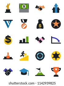 Color and black flat icon set - handshake vector, dollar sign, pedestal, medal, graduate, money bag, bar graph, target, career ladder, police, arrow up, motivation, pennon, crisis, cash, award cup