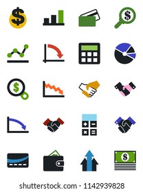 Color and black flat icon set - handshake vector, dollar sign, calculator, crisis graph, bar, pie, point, credit card, arrow up, wallet, money search, cash