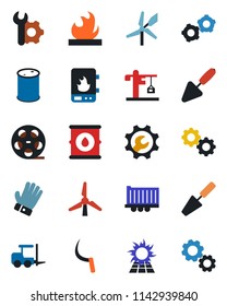 Color and black flat icon set - fork loader vector, gear, trowel, glove, sickle, truck trailer, flammable, oil barrel, reel, root setup, windmill, crane, water heater, sun panel