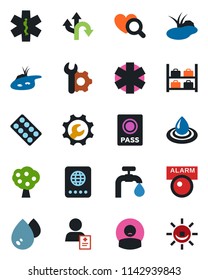 Color and black flat icon set - passport vector, luggage storage, pond, heart diagnostic, pills blister, ambulance star, patient, route, root setup, water supply, fruit tree, alarm led