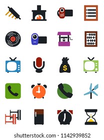 Color and black flat icon set - alarm clock vector, tv, abacus, money bag, well, film frame, vinyl, video camera, microphone, call, fireplace, rolling pin, fridge, windmill, sand