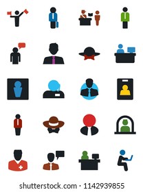 Color and black flat icon set - dispatcher vector, passport control, male, reception, manager, speaking man, place, doctor, client, identity card, support, estate agent, dress code, with notebook