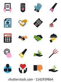 Color and black flat icon set - handshake vector, document, garden fork, farm, glove, saw, heart hand, client, touch screen, finger down, estate, waiter, remote control, combination lock