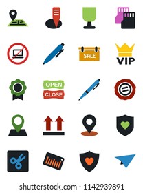 Color and black flat icon set - no laptop vector, vip, pen, stamp, plant label, heart shield, navigation, pin, fragile, up side sign, barcode, sd, cut, place tag, sertificate, sale, open close