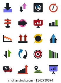 Color and black flat icon set - right arrow vector, growth statistic, signpost, navigation, up side sign, sorting, update, data exchange, download, compass, bar graph, moving, target, clock, crisis