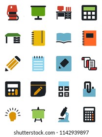 Color and black flat icon set - contract vector, book, calculator, desk, notepad, presentation board, pencil, microscope, notes, copybook, paper clip, shining head