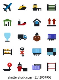 Color and black flat icon set - plane vector, sea shipping, truck trailer, cargo container, car delivery, port, consolidated, fragile, warehouse storage, up side sign, no hook, package, heavy scales