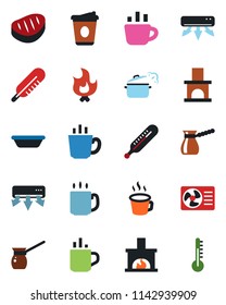 Color and black flat icon set - hot cup vector, coffee, fire, fireplace, thermometer, air conditioner, steak, bowl, steaming pan, turkish