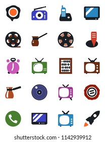 Color and black flat icon set - alarm clock vector, phone, abacus, stamp, plant label, reel, vinyl, radio, tv, turkish coffee, rocket