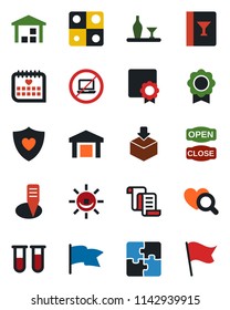 Color and black flat icon set - no laptop vector, contract, plant label, blood test vial, heart diagnostic, shield, medical calendar, warehouse, package, application, sertificate, alcohol, wine card