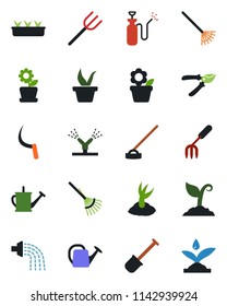Color and black flat icon set - flower in pot vector, garden fork, shovel, farm, rake, seedling, watering can, sproute, pruner, hoe, sickle, sprayer, irrigation