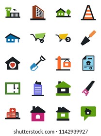 Color and black flat icon set - border cone vector, airport building, office, trowel, shovel, wheelbarrow, saw, house, hospital, with garage, tree, plan, estate document, sweet home, city, crane