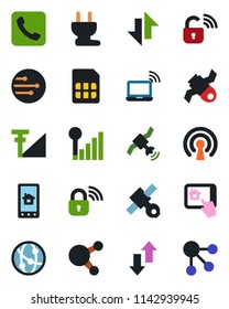 Color and black flat icon set - wireless notebook vector, satellite, network, share, call, sim, data exchange, cellular signal, power plug, lock, home control app, social media