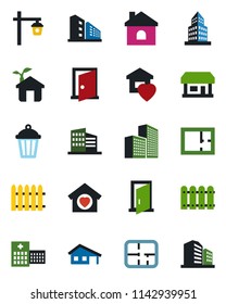 Color and black flat icon set - fence vector, house, garden light, hospital, store, office building, with garage, plan, sweet home, eco, door