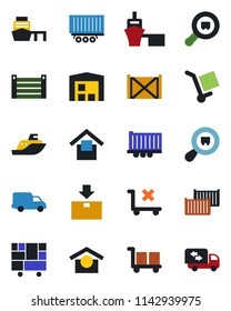 Color and black flat icon set - sea shipping vector, truck trailer, cargo container, car delivery, port, consolidated, warehouse storage, no trolley, package, search, moving