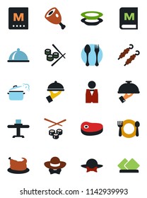 Color and black flat icon set - spoon and fork vector, waiter, dish, restaurant table, cafe, menu, plates, dress code, chicken, steak, kebab, ham, steaming pan, sushi, serviette