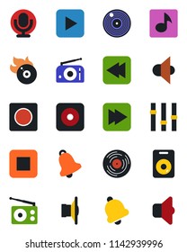 Color and black flat icon set - vinyl vector, flame disk, radio, speaker, settings, microphone, play button, stop, fast forward, rewind, rec, bell, record, music, sound
