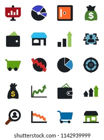 Color and black flat icon set - shop vector, checkroom, growth statistic, money bag, crisis graph, pie, hr, target, consumer search, arrow up, wallet, cart, presentation, storefront
